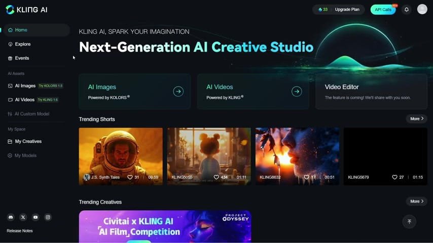 Screenshot of Kling AI’s main dashboard showcasing the Next-Generation AI Creative Studio with tools for generating videos, images, and trending shorts.