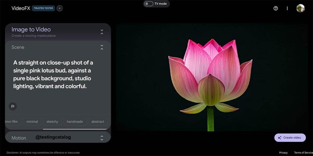 Screenshot of Google Veo AI tool in Image to Video mode, showing a pink lotus flower generated from a text prompt with studio lighting and a black background for Best ai video generators
