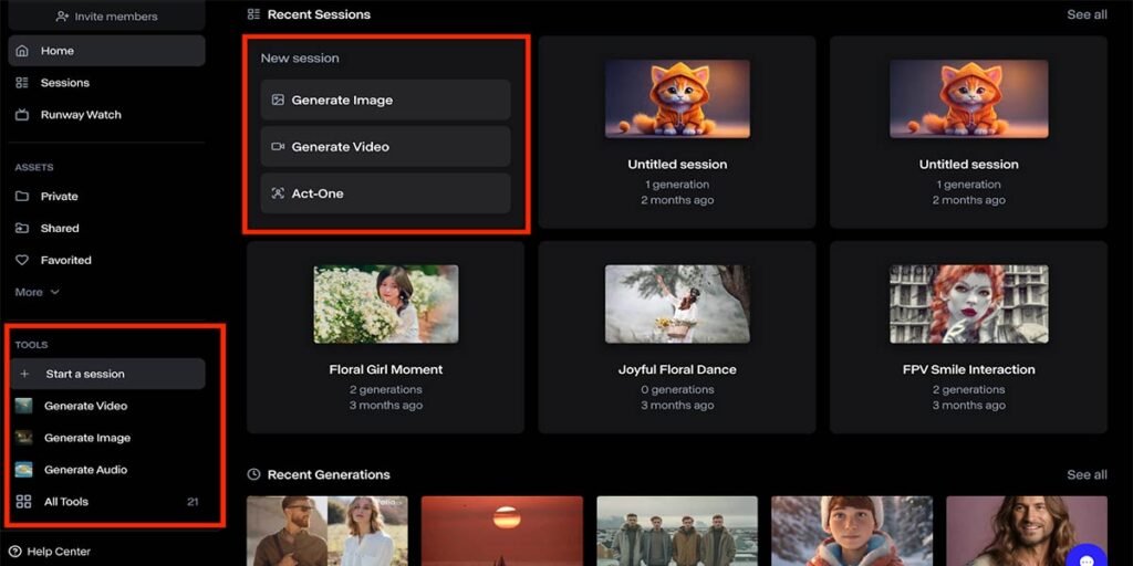 Screenshot of the Runway ML AI platform showing the dashboard for generating videos, images, and audio, with recent sessions and creative projects displayed.