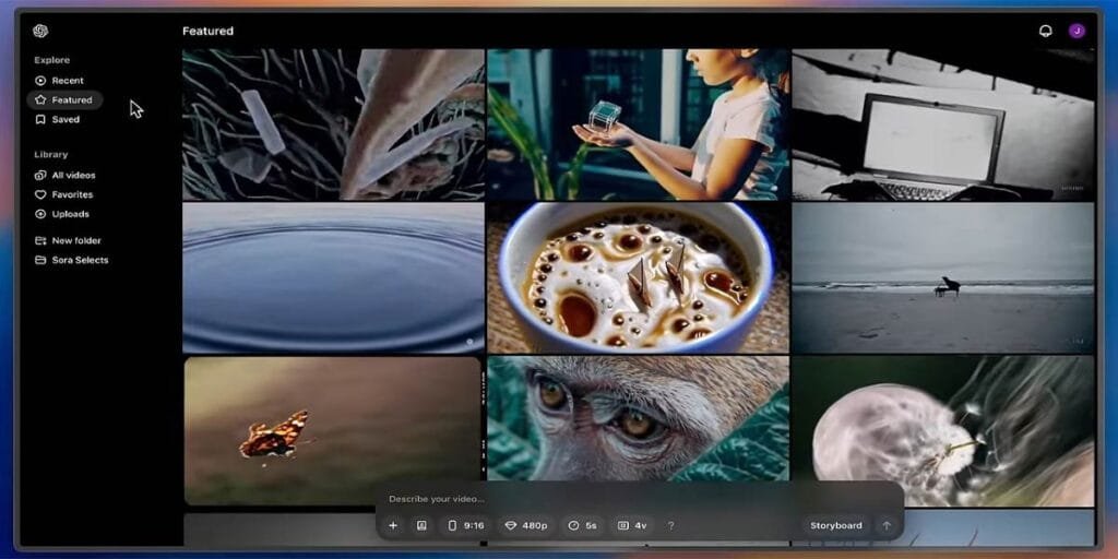 Screenshot of OpenAI Sora’s featured gallery displaying a grid of AI-generated videos, including nature scenes, animals, and creative cinematic compositions.