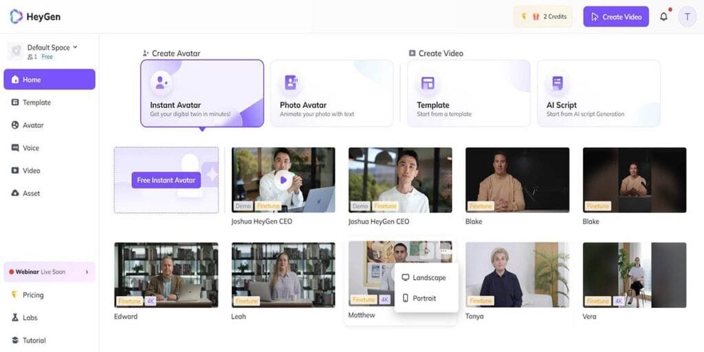 Screenshot of HeyGen’s AI video creation dashboard showing digital avatars, voice options, and AI-generated script tools for professional video production.